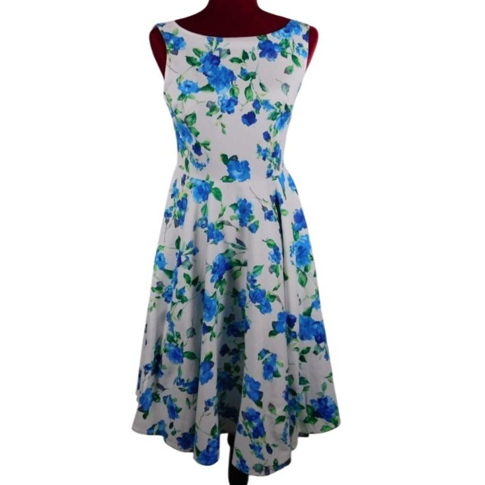 Grace Karen‎ White Blue Floral Fit Flare Sleeveless Boat Neck Midi Dress S